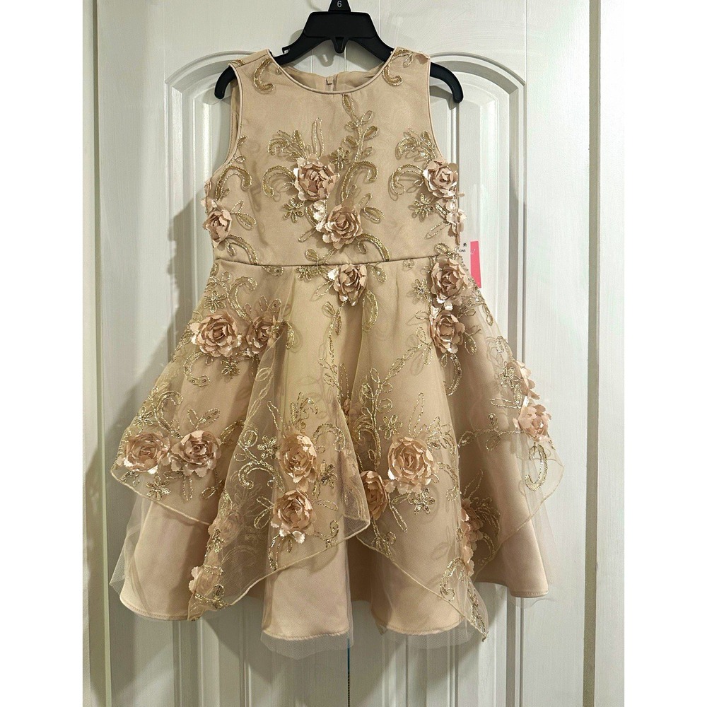 Rare Editions Girls 6 Taupe Floral Tulle Fit & Flare Knee Dress Sleeveless
